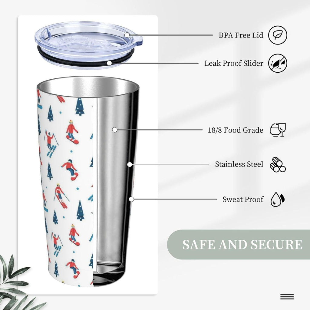 Skiing 20oz Tumbler with Lid and Straw for Sports Lovers, Winter Fashion Ski Sport Insulated Mug Cartoon Ski Sport Design Stainless Steel Tumbler Double Wall Vacuum Travel Mug Coffee Cup