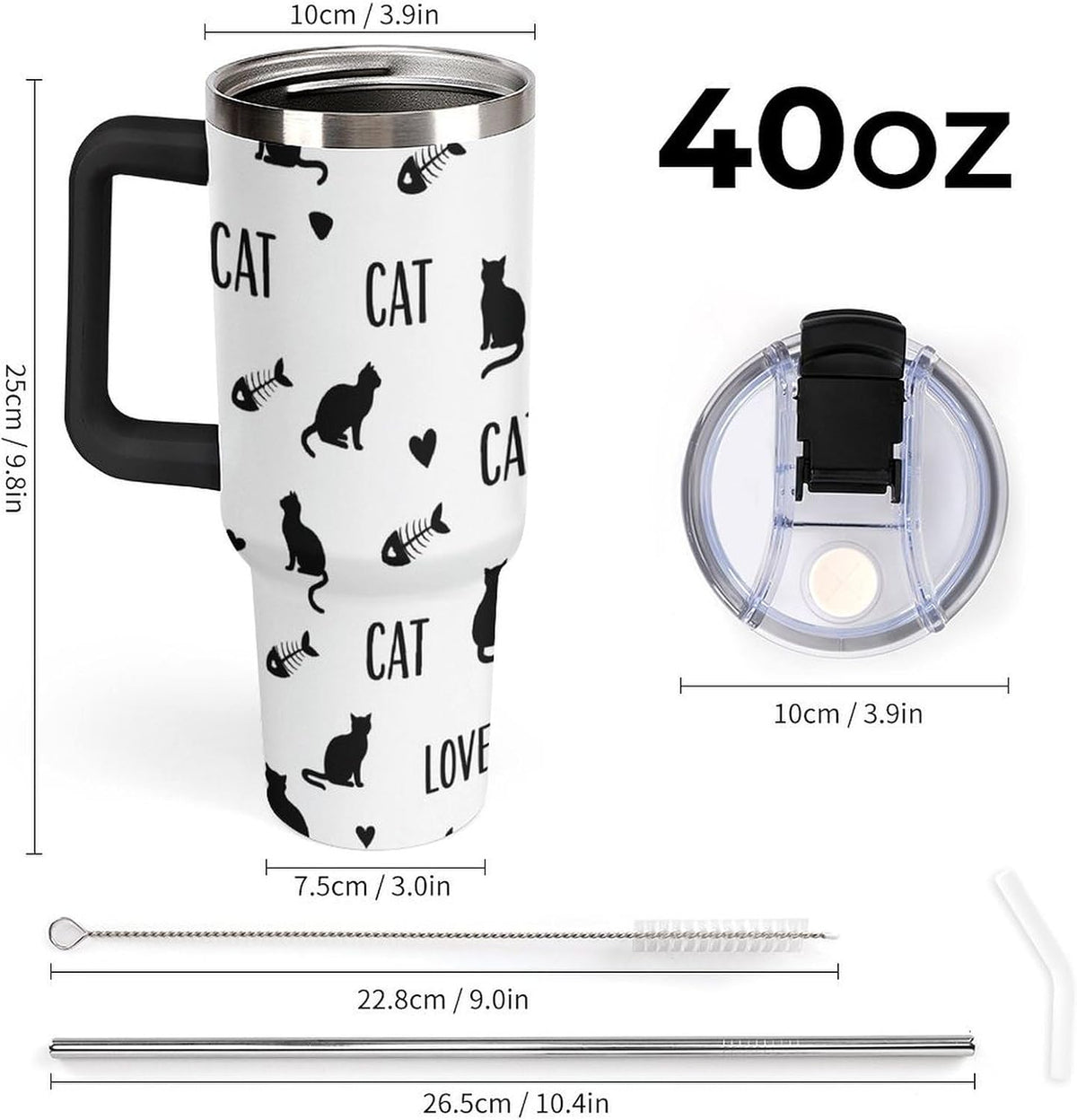 Black Cat Yellow Eyes Tumbler with Lid And Straw 40oz Cartoon Halloween Stainless Steel Cup Insulated, Large Capacity Car Cup, Leakproof Travel Tumbler Coffee Mug with Handle