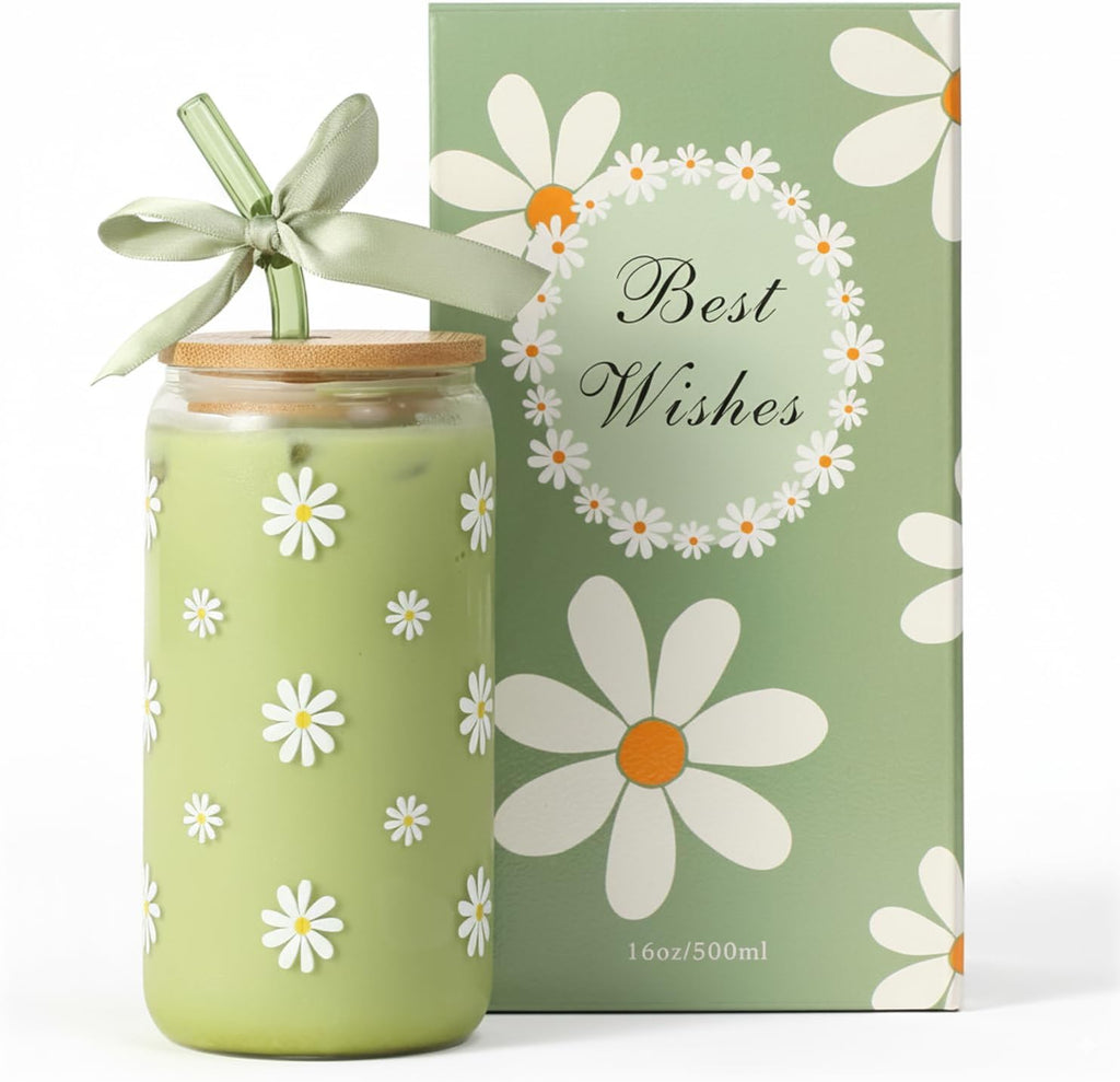 Cute Matcha Glass Cup Daisy Coffee Cups Birthday Gifts for Women