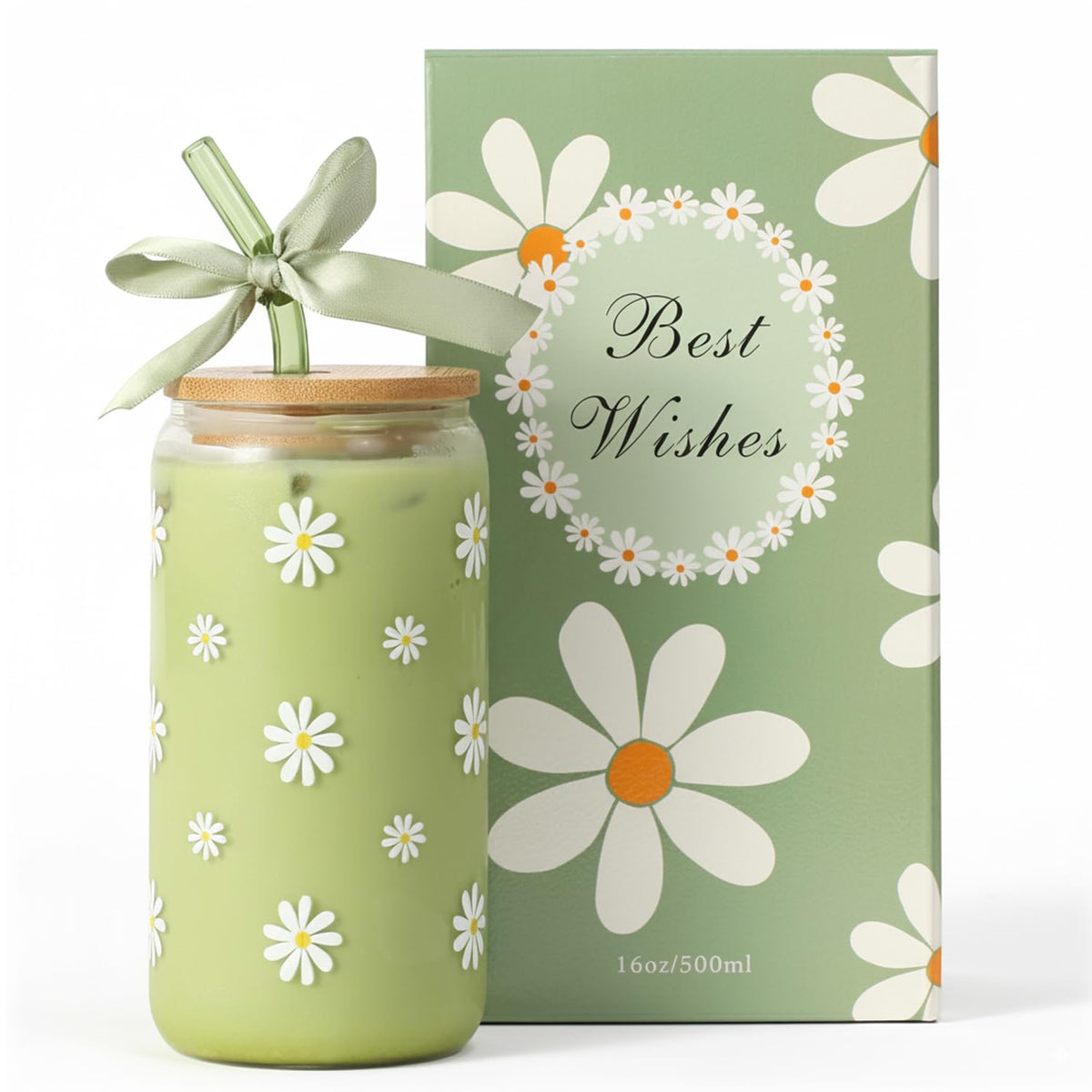 Cute Matcha Glass Cup Daisy Coffee Cups Birthday Gifts for Women