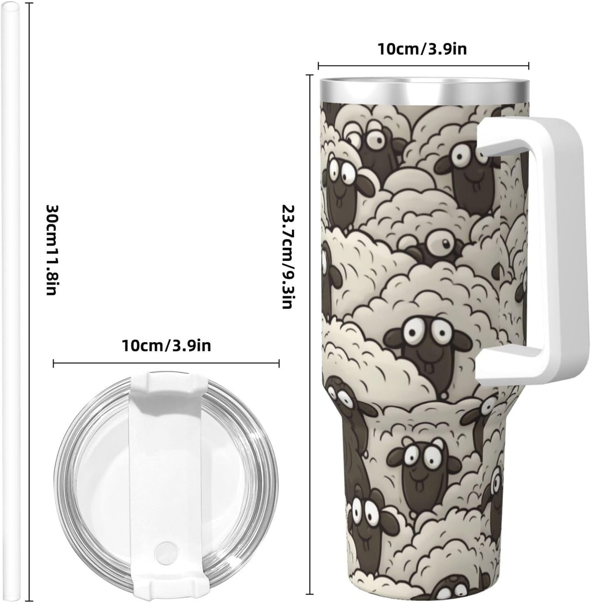 Cartoon Black White Sheep 40 Oz Tumbler With Handle And Straw Stainless Steel Insulated Travel Tumblers Leakproof Travel Coffee Mug Coffe Cup Drink Tumbler Cups Gifts For Women Men Lovers