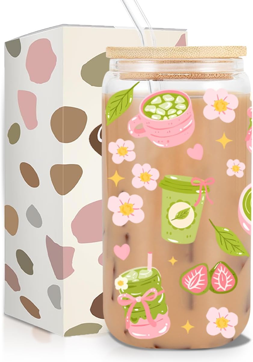 Matcha Girly Glass Cup, Matcha Lovers Gift, Kawaii Glass Tumbler, 16 oz Cafe Aesthetic Iced Coffee Cup with Lid Straw