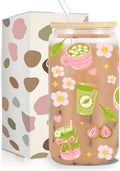 Matcha Girly Glass Cup, Matcha Lovers Gift, Kawaii Glass Tumbler, 16 oz Cafe Aesthetic Iced Coffee Cup with Lid Straw