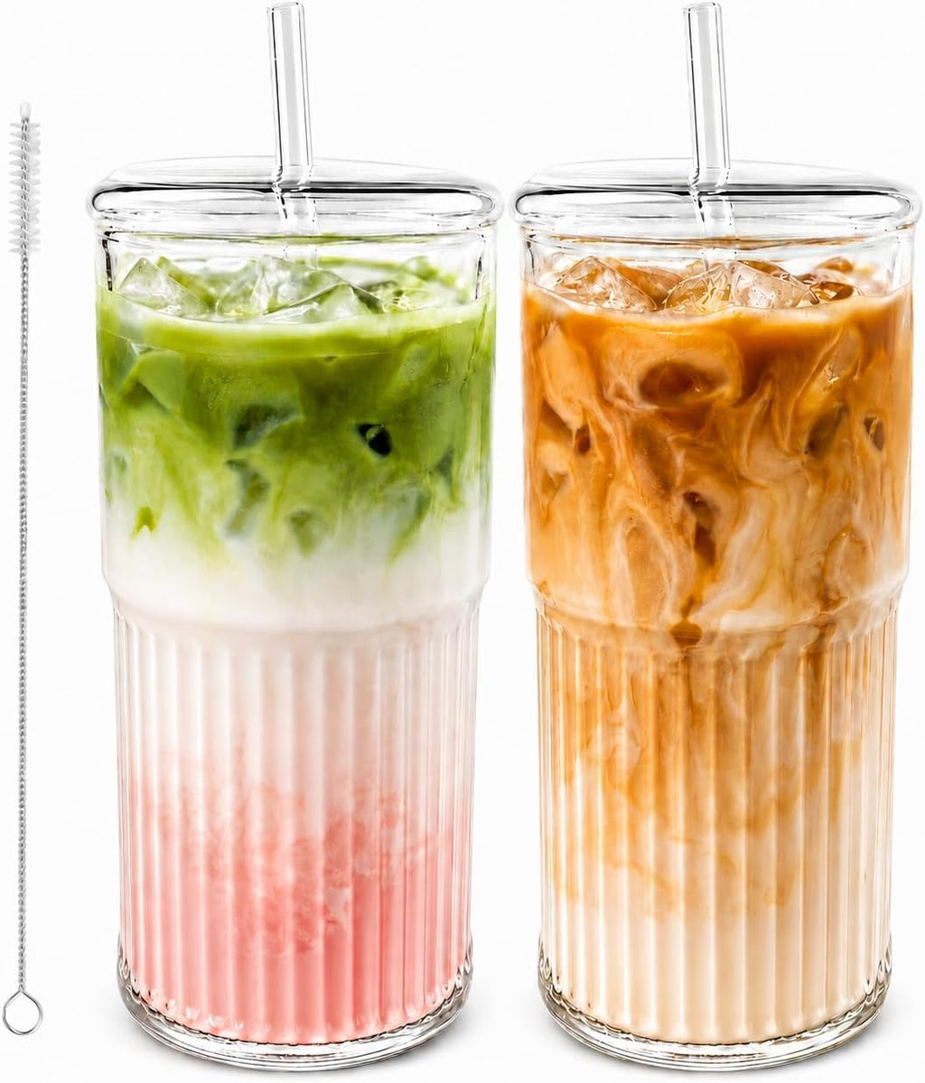 Luiaiog 20 oz Glass Cups with Lids and Straws, Ribbed, 2 Pack