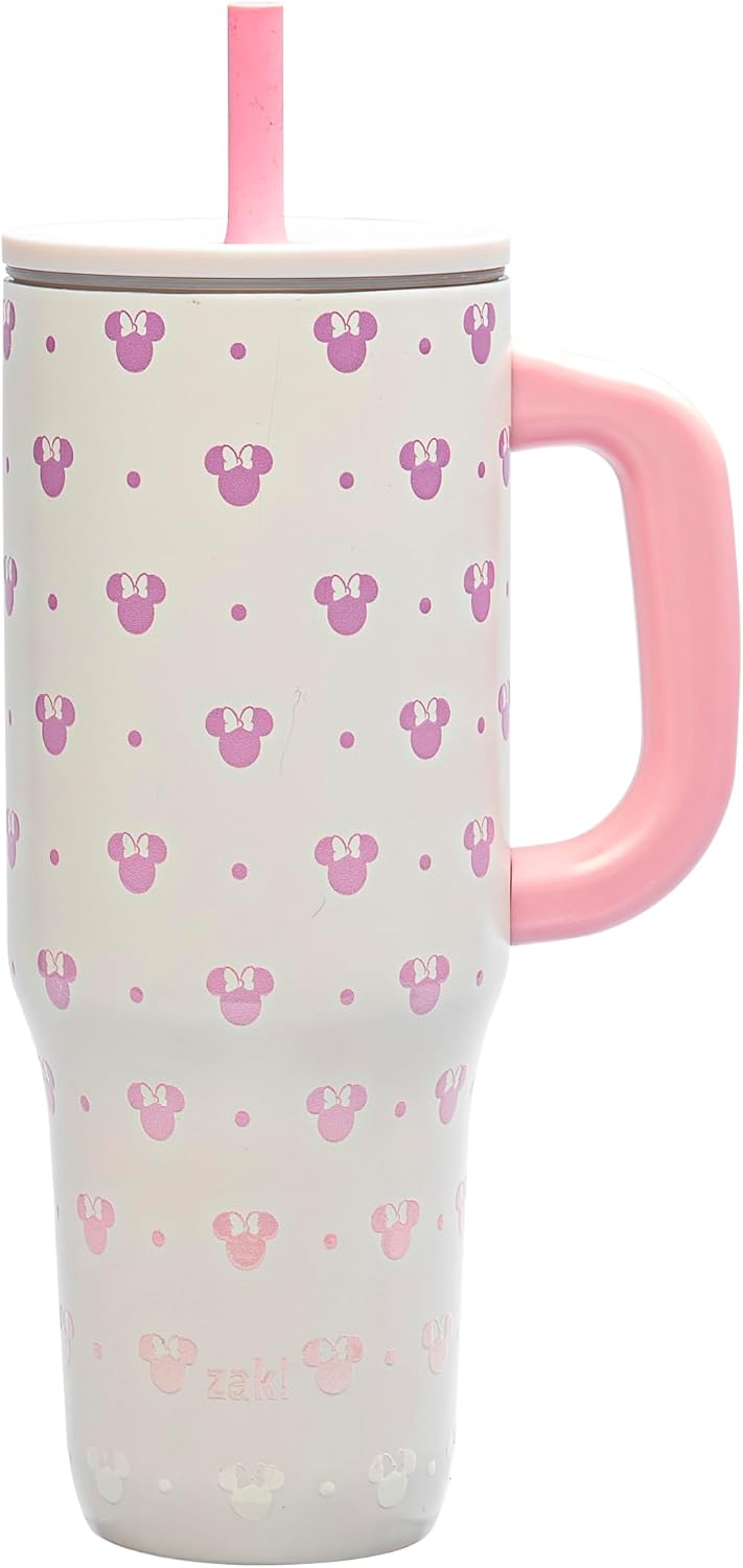 Zak Designs Disney Sutton Travel Tumbler for On the Go or At Home, 40oz Stainless Steel with Vacuum Insulation, Silicone Straw, Carry Handle, and 3D Artwork for Cold Drinks (Minnie Mouse)