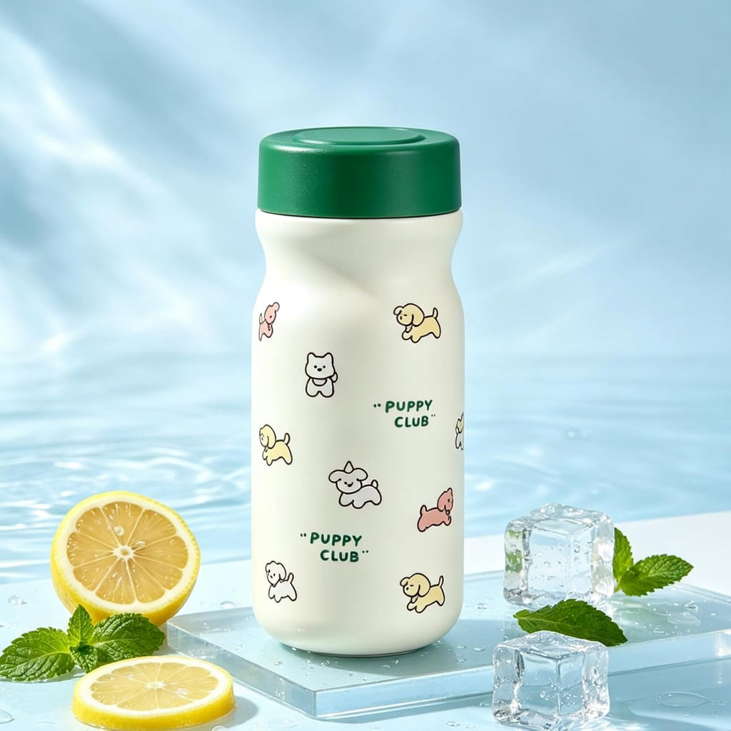 Mini Milk Shape Insulated Coffee Bottle, 316 Stainless Steel, 10oz Flask, Compact Travel Tumbler(Cute Puppy Cartoon Print)