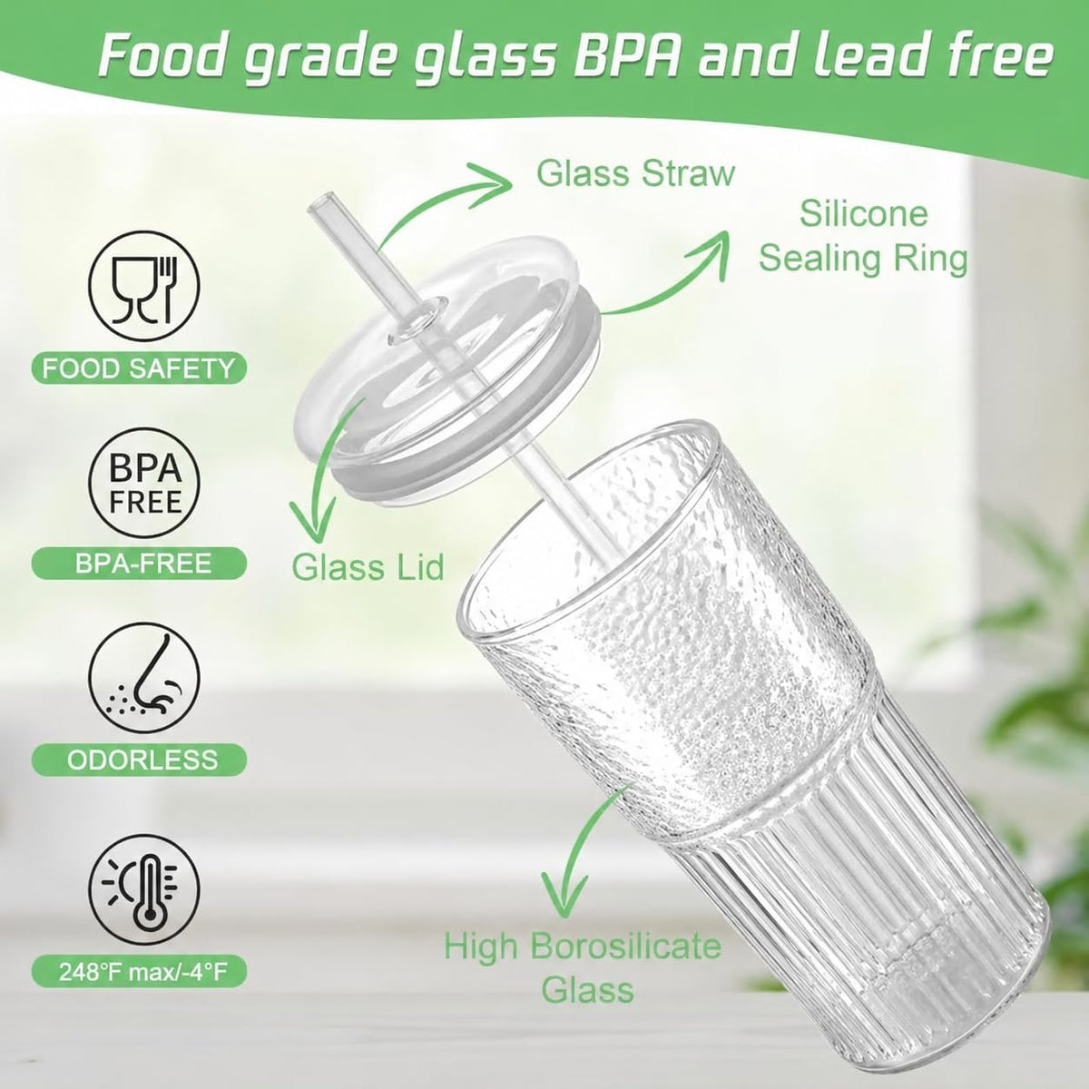 Luiaiog 20 oz Glass Cups with Lids and Straws, Ribbed, 2 Pack