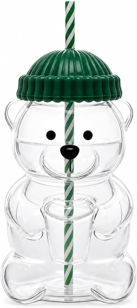 Cute Bear Glass Tumbler with Lid and Straw, 20 oz, Green