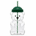 Cute Bear Glass Tumbler with Lid and Straw, 20 oz, Green