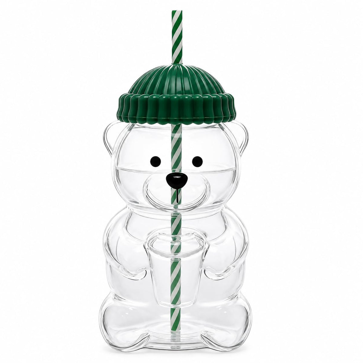 Cute Bear Glass Tumbler with Lid and Straw, 20 oz, Green
