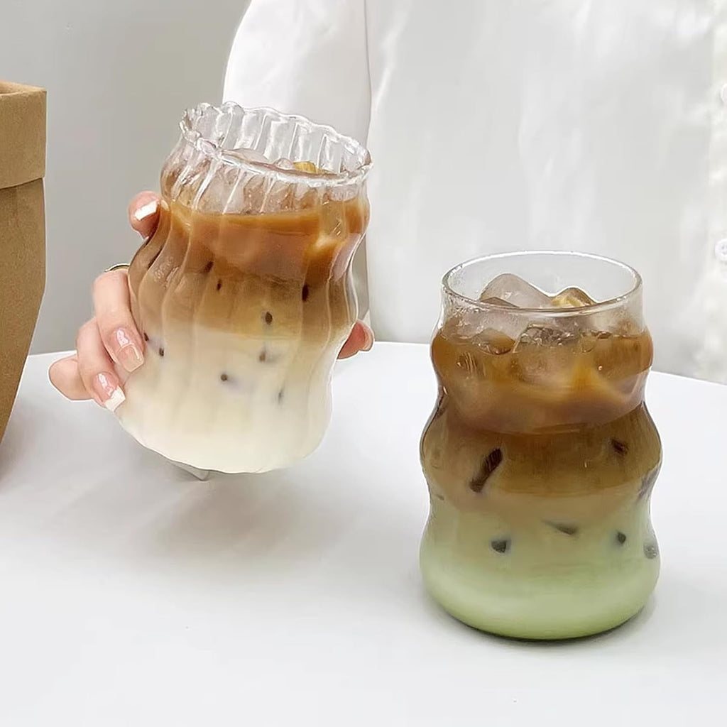 Vintage Ribbed Glassware Water Tumbler, 18 oz Aesthetic Ripple Glass Tumbler, Ripple Glassware Coffee Cup, Cute Glass Tumbler for Iced Coffee Juice Drink Milk (big stripes-Small Mouth)