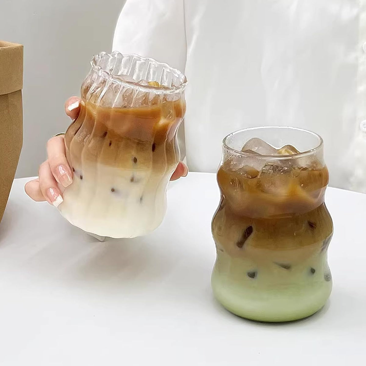 Vintage Ribbed Glassware Water Tumbler, 18 oz Aesthetic Ripple Glass Tumbler, Ripple Glassware Coffee Cup, Cute Glass Tumbler for Iced Coffee Juice Drink Milk (big stripes-Small Mouth)