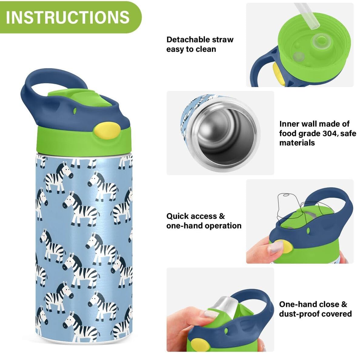 ALAZA Zebra Cartoon Blue Kids Water Bottles Insulated Stainless Steel Tumbler Travel Cup Lids Straw Double Walled Leakproof 12 OZ for Boys Girls