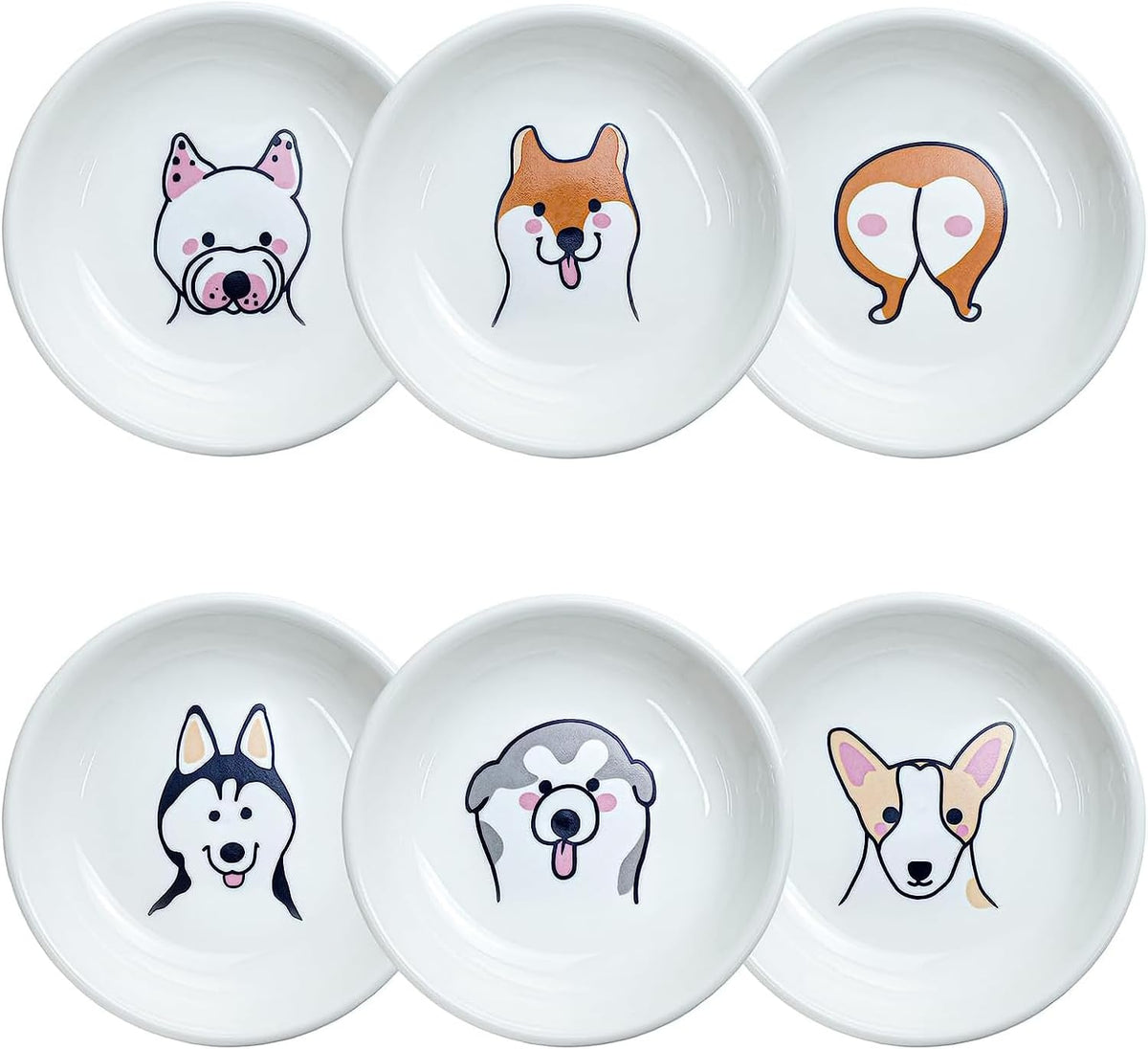 SOCOSY Super Cute Cartoon Animal Pattern Ceramic Sauce Dish/Seasoning Dish/Sushi Soy Dipping Bowl/Appetizer Plates/Serving Dish for Kitchen Home(Set of 6)-Dog Heads