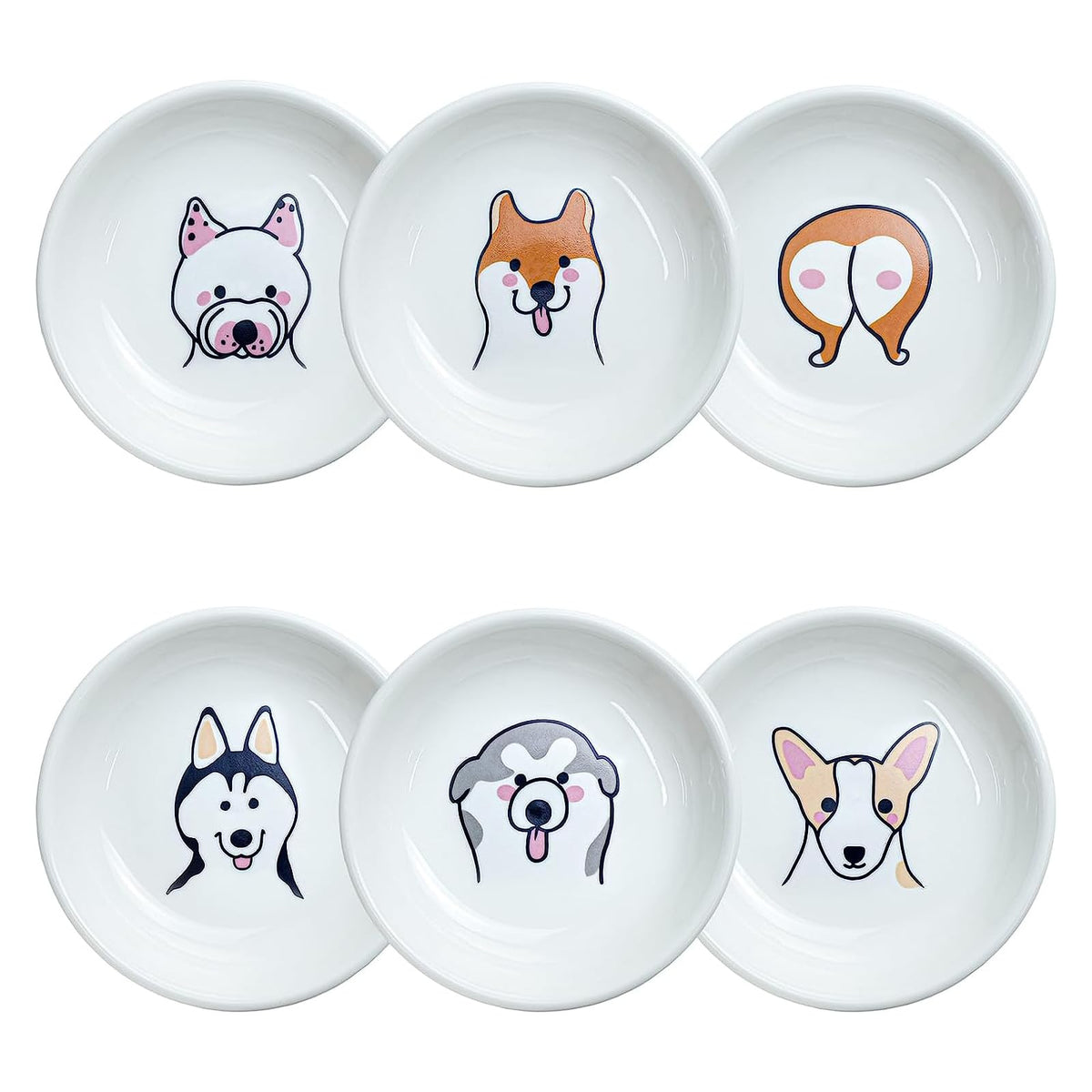 SOCOSY Super Cute Cartoon Animal Pattern Ceramic Sauce Dish/Seasoning Dish/Sushi Soy Dipping Bowl/Appetizer Plates/Serving Dish for Kitchen Home(Set of 6)-Dog Heads