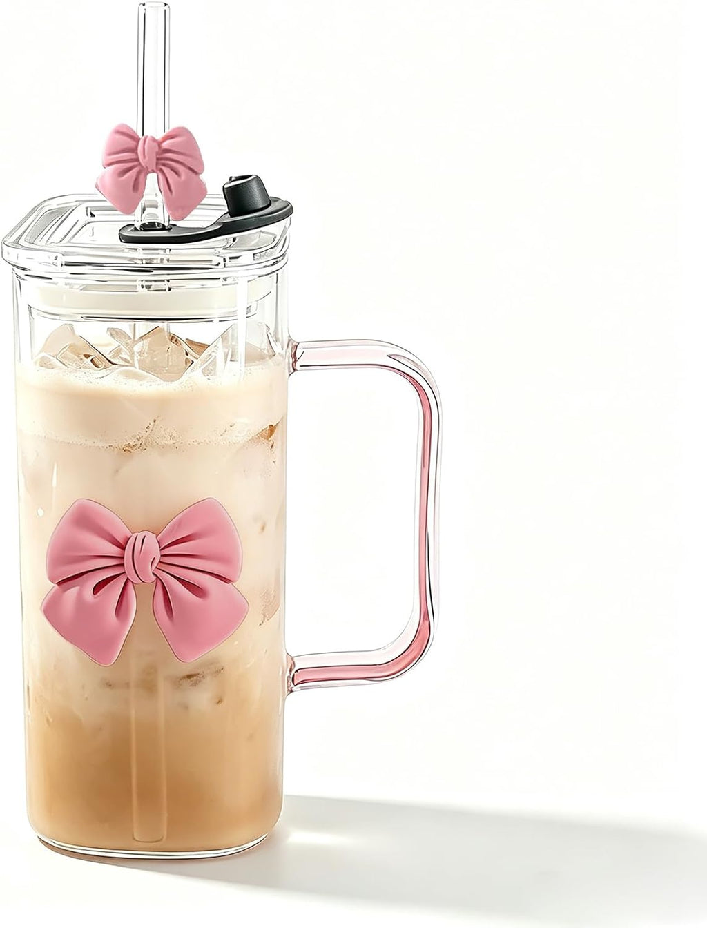 13Oz Square Glass Cups with Lids and Straws Cute Glass Tumbler with Handle
