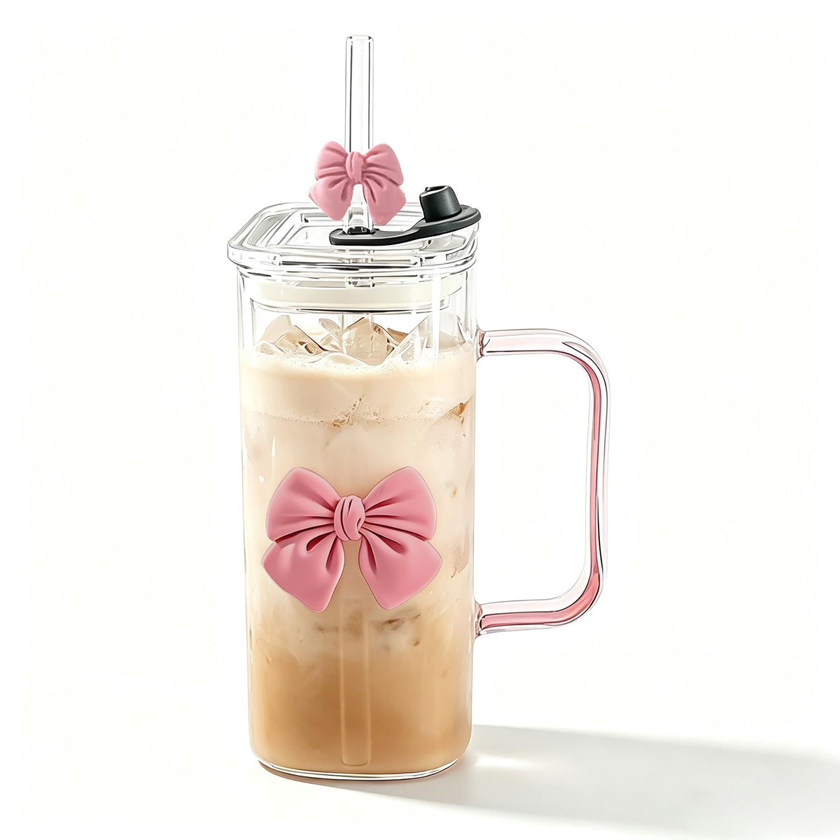13Oz Square Glass Cups with Lids and Straws Cute Glass Tumbler with Handle