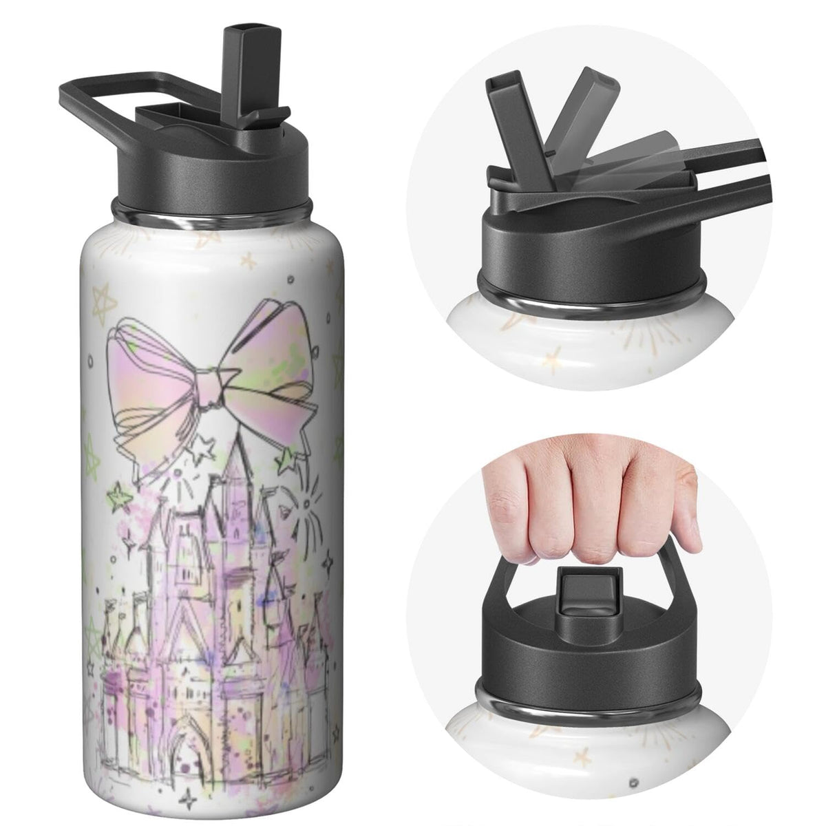 40oz Cartoon Castle Water Bottle - Fireworks Bowknot Double Wall Vacuum Insulated Stainless Steel Tumbler with Leakproof Flip Straw & Handle,Travel Mug for Hot/Cold Drinks - Gift for Castles Lovers