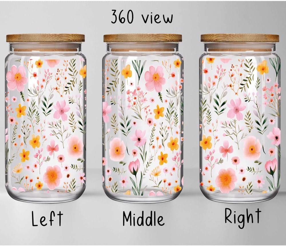 Floral 16oz Iced Glass Cups with Bamboo Lids and Straws Wildflower Coffee Cup Gift for Women Cute Flower Drinking Glass with Cleaning Brushes, Flower Gifts for Mother Birthday Bridesmaid Party
