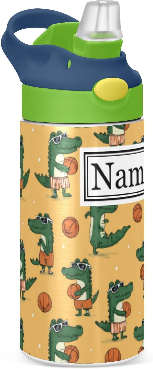 Personalized Name Water Bottles for Kids Cartoon Crocodiles Basketball Custom Toddlers Insulated Stainless Steel with Straw Lid Tumbler Gift for Boys Girls Birthday School