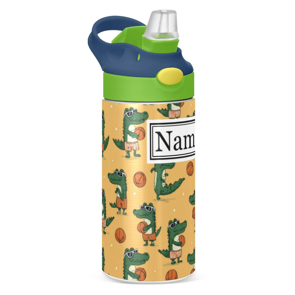 Personalized Name Water Bottles for Kids Cartoon Crocodiles Basketball Custom Toddlers Insulated Stainless Steel with Straw Lid Tumbler Gift for Boys Girls Birthday School