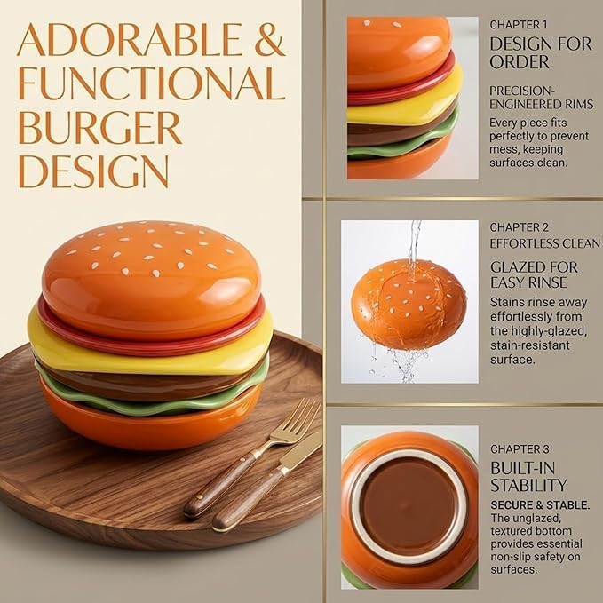6-Piece Stackable Burger Plate Set, Novelty Ceramic Hamburger Plates Set, Cute Burger-Shaped Tableware, Durable Stackable Dipping Bowls for Snack Dessert Sushi Condiment Party BBQ Home Decor