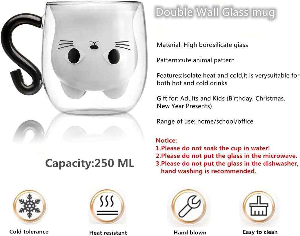 Phitihui Cat Mugs, Double Wall Glass Cute Coffee Tea Cup
