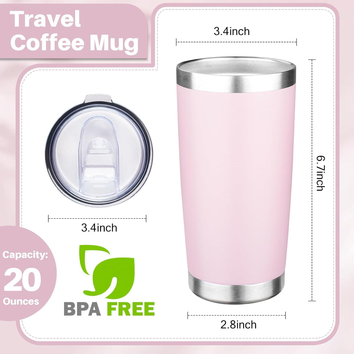20oz Tumbler with Lid Double Wall Vacuum Insulated Travel Coffee Mug Stainless Steel Thermal Cup Powder Coated Sturdy Coffee Tumbler Bulk for Hot and Cold Beverage (Pink,1)