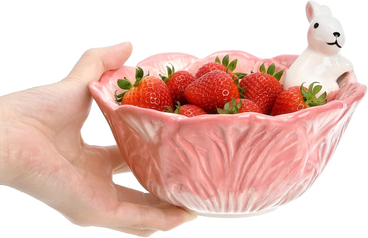 Foraineam 2 Pieces Cute Ceramic Candy Bowl Pink Easter Bowls, 14 oz Ceramic Tableware Rice Soup Dessert Salad Bowls, 5.9 Inch Hand-Painted Bunny Candy Dish with Cabbage Rabbit Shaped Design