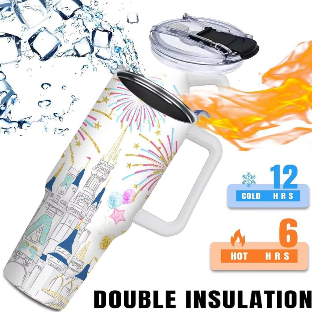 Cartoon Castle Tumbler 40 oz, Firework Tumblers with Lids and Straws, Insulated Cup Stainless Steel Travel Mug, Birthday Christmas Gifts