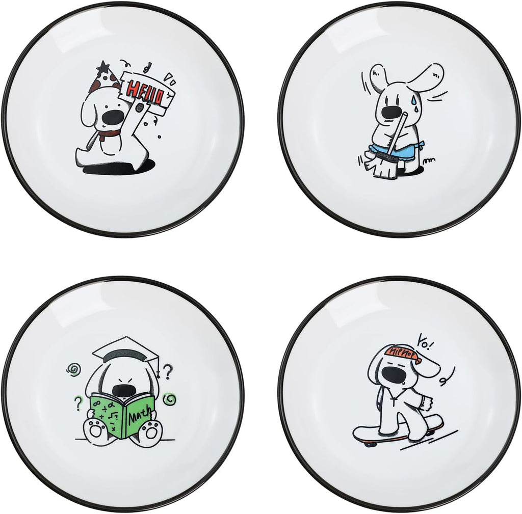 SOCOSY Cute Cartoon Drink and Food Pattern Ceramic Seasoning Dishes Sauce Dish Sushi Dipping Bowl Appetizer Plates Tea Bag Holder Serving Dish for Kitchen, 5 Inch, Set of 4