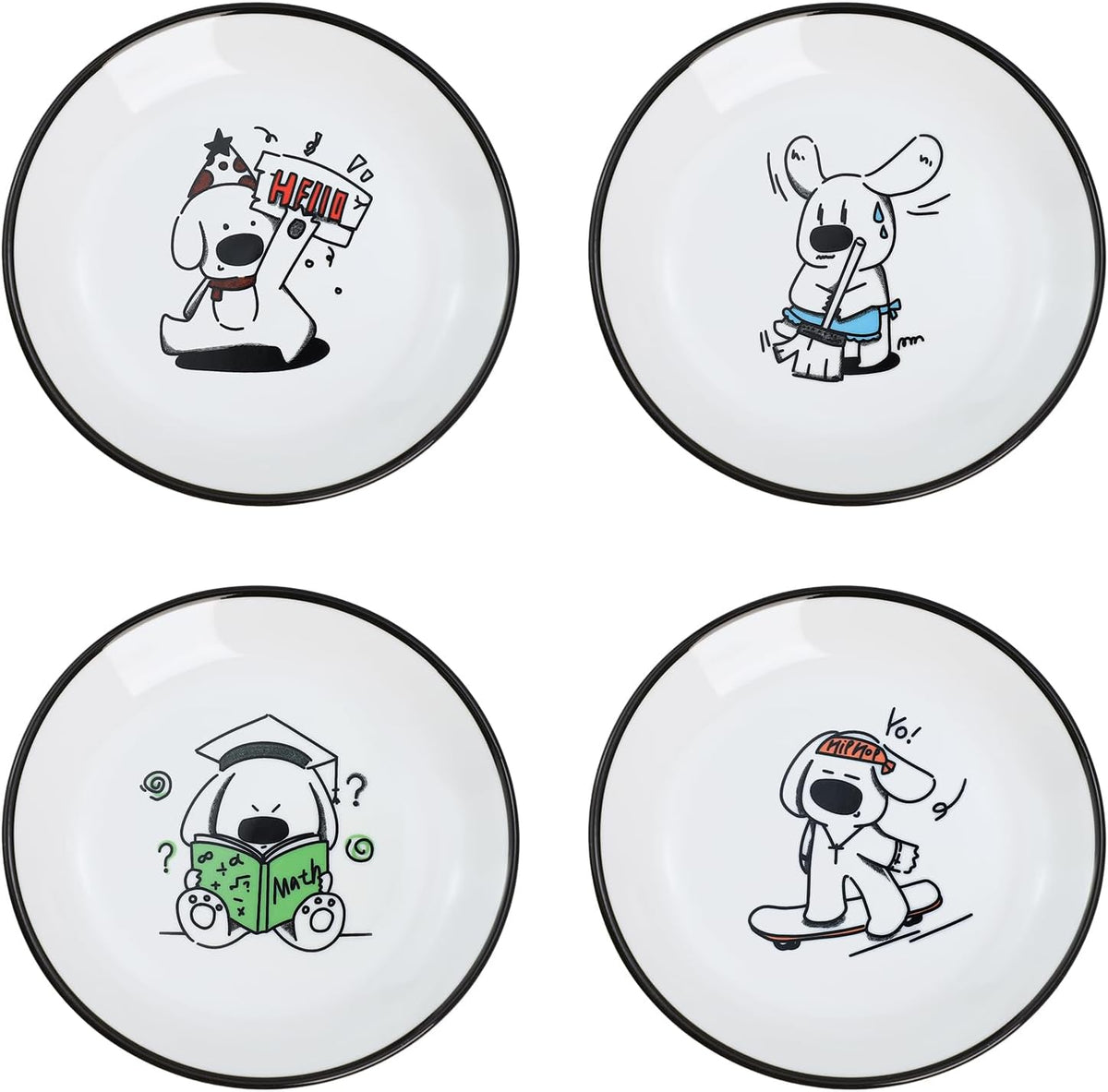 SOCOSY Cute Cartoon Drink and Food Pattern Ceramic Seasoning Dishes Sauce Dish Sushi Dipping Bowl Appetizer Plates Tea Bag Holder Serving Dish for Kitchen, 5 Inch, Set of 4
