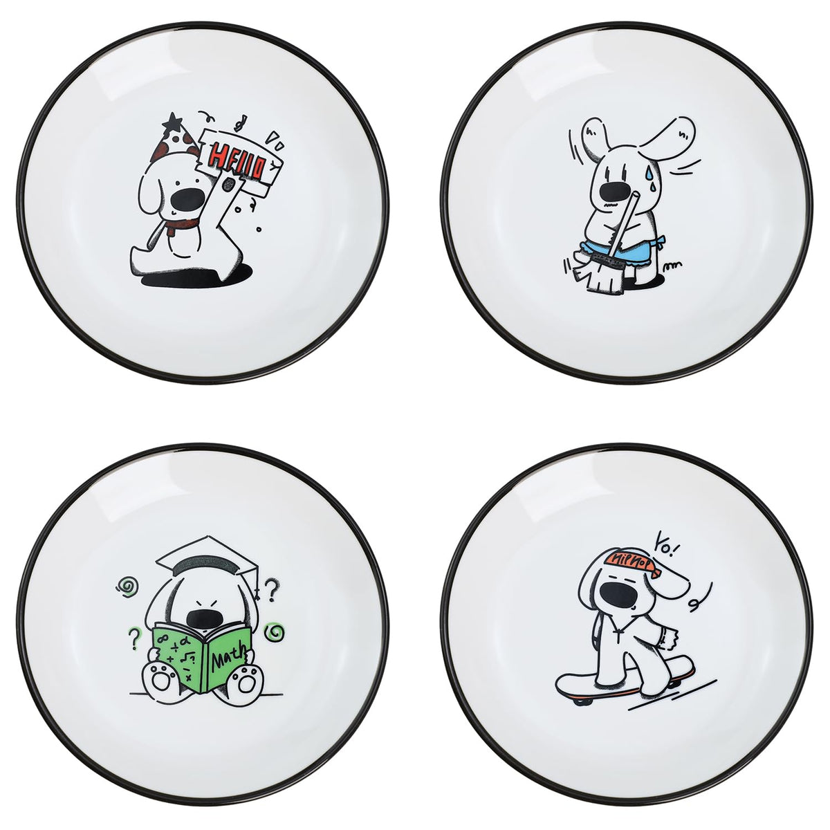 SOCOSY Cute Cartoon Drink and Food Pattern Ceramic Seasoning Dishes Sauce Dish Sushi Dipping Bowl Appetizer Plates Tea Bag Holder Serving Dish for Kitchen, 5 Inch, Set of 4