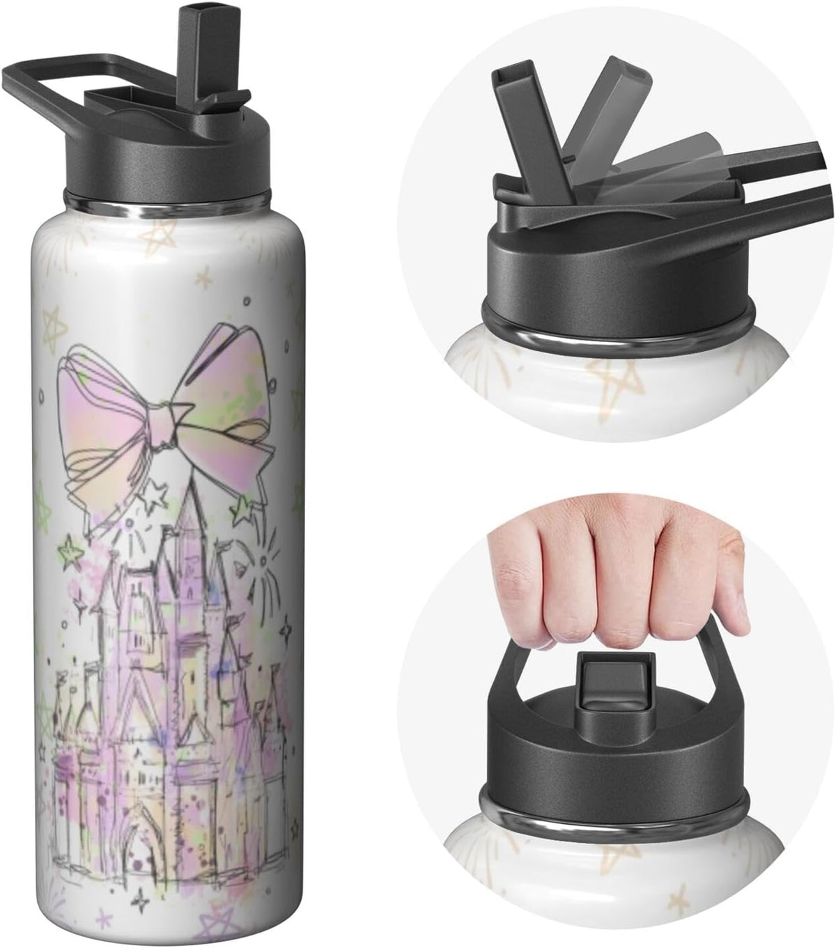 40oz Cartoon Castle Water Bottle - Fireworks Bowknot Double Wall Vacuum Insulated Stainless Steel Tumbler with Leakproof Flip Straw & Handle,Travel Mug for Hot/Cold Drinks - Gift for Castles Lovers