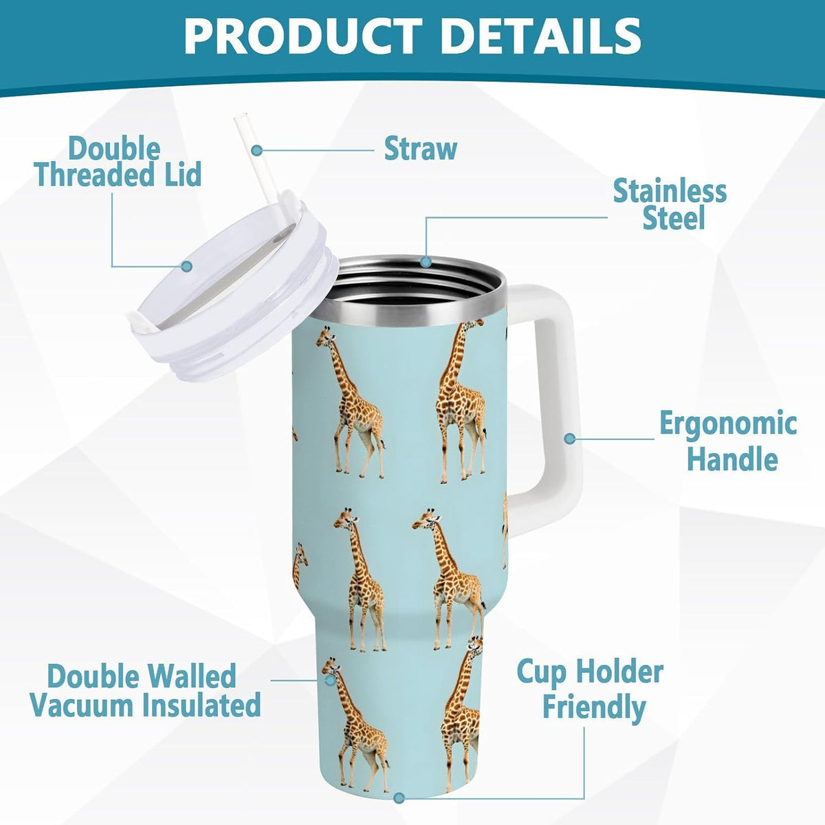 30oz Tumbler Cartoon Giraffes Insulated Coffee Cup Stainless Steel Travel Mug Car Water Bottle with Lid Straw Handle