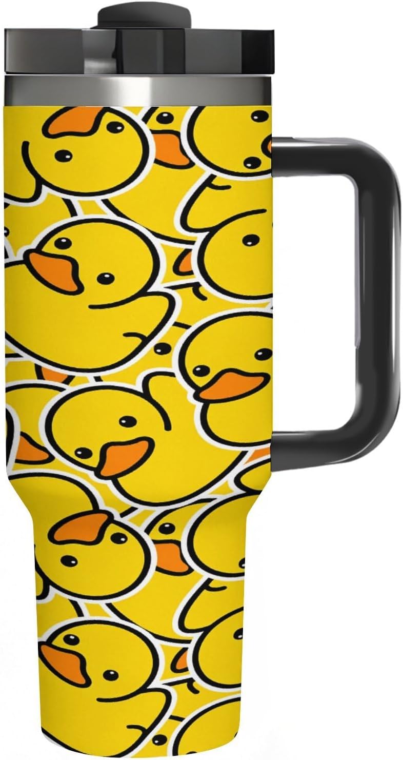 Stainless Steel Insulated Tumbler 40 OZ (1200 ML), Cartoon Yellow Duck Coffee Mug Cup with Splash-Proof Lid And Straw for Car Home Office Outdoor Travel