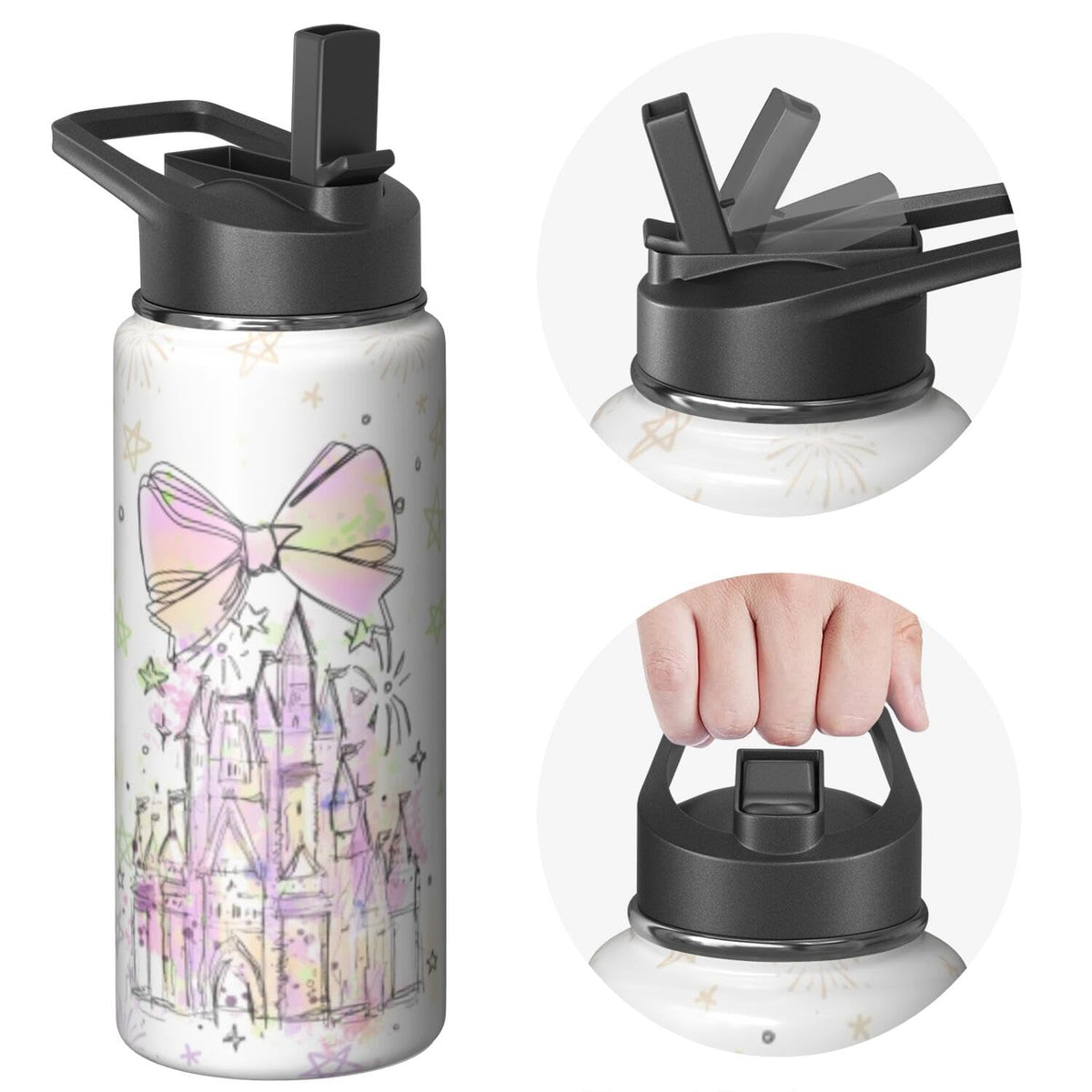 40oz Cartoon Castle Water Bottle - Fireworks Bowknot Double Wall Vacuum Insulated Stainless Steel Tumbler with Leakproof Flip Straw & Handle,Travel Mug for Hot/Cold Drinks - Gift for Castles Lovers