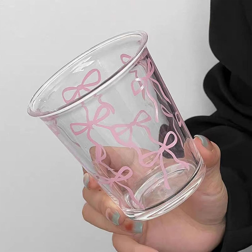 Pink Bow Glass Cups, 14oz Cute Aesthetic Bow Glass Cups for Iced Coffee, Matcha, Milk, Juice,Cocktail, Valentines/Birthday Gift for Women & Teen Girls
