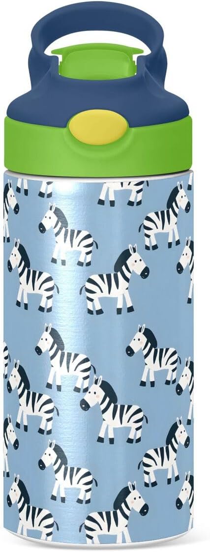ALAZA Zebra Cartoon Blue Kids Water Bottles Insulated Stainless Steel Tumbler Travel Cup Lids Straw Double Walled Leakproof 12 OZ for Boys Girls