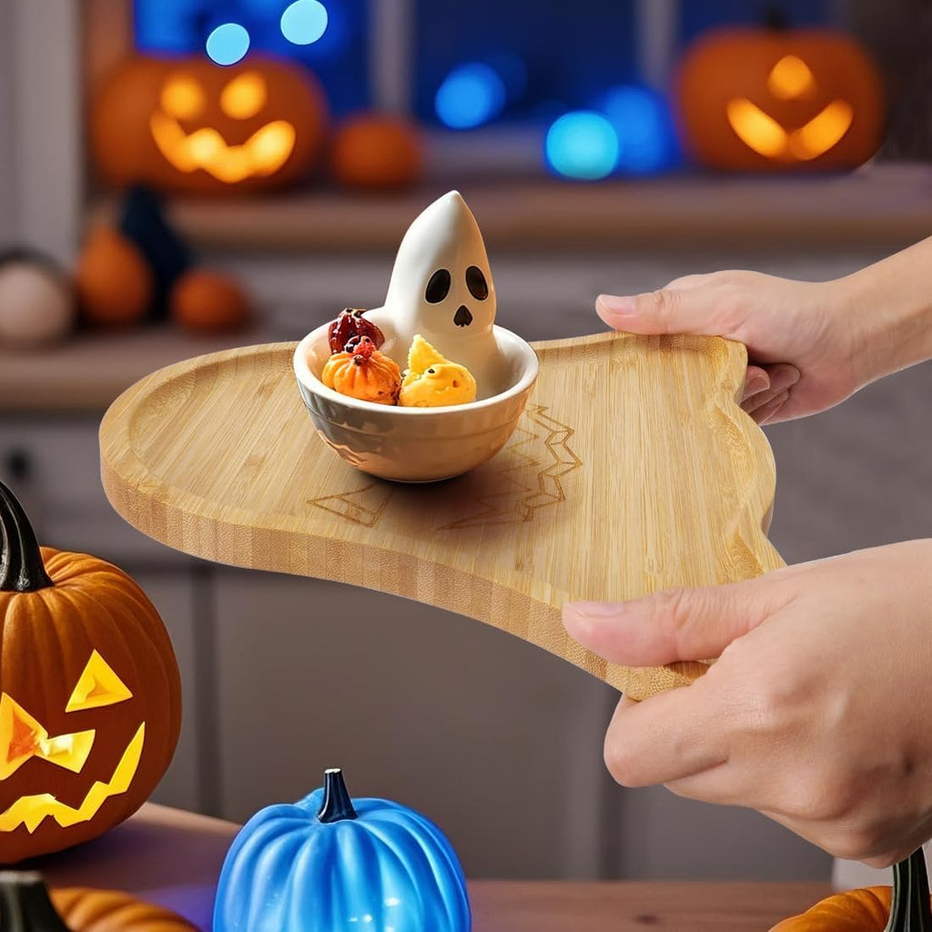 TJ POP Ghost Serving Tray - Spooky Ghost Shaped Bamboo Serving Platter, Festive Wooden Charcuterie Board, Snack Cheese Dish Plate for Candy, Treats, Drinks & Holiday Party Decor (10" x 9")