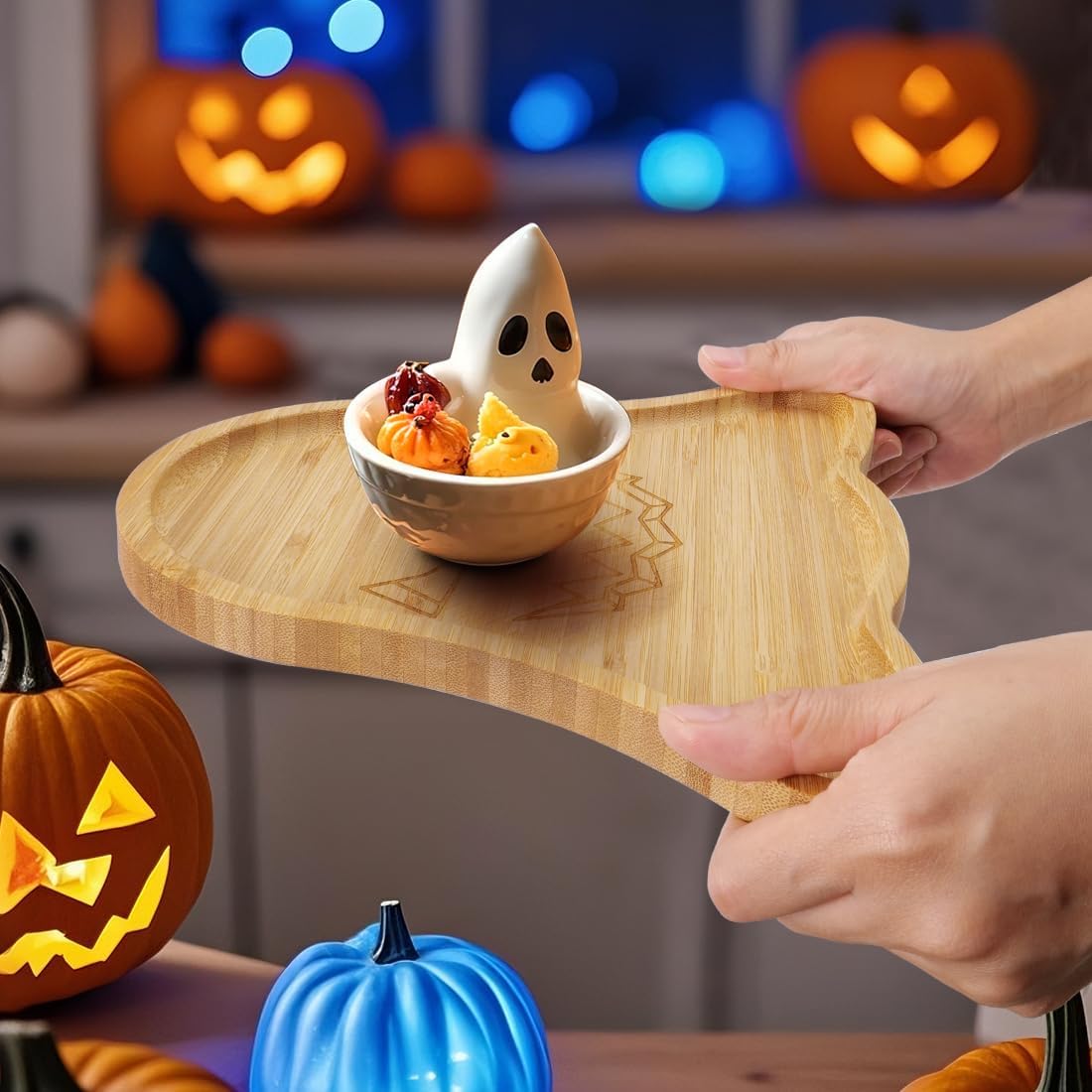 TJ POP Ghost Serving Tray - Spooky Ghost Shaped Bamboo Serving Platter, Festive Wooden Charcuterie Board, Snack Cheese Dish Plate for Candy, Treats, Drinks & Holiday Party Decor (10" x 9")