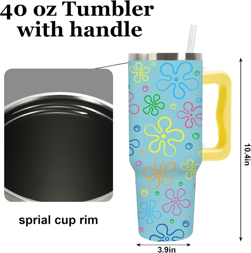 JarThenaAMCS Cartoon Sponge Tumbler with Handle 40oz Flower and Bubbles Tumbler with Lid Straw Blue Yellow Funny Sea Ocean Stainless Steel Cup for Home Office Travel
