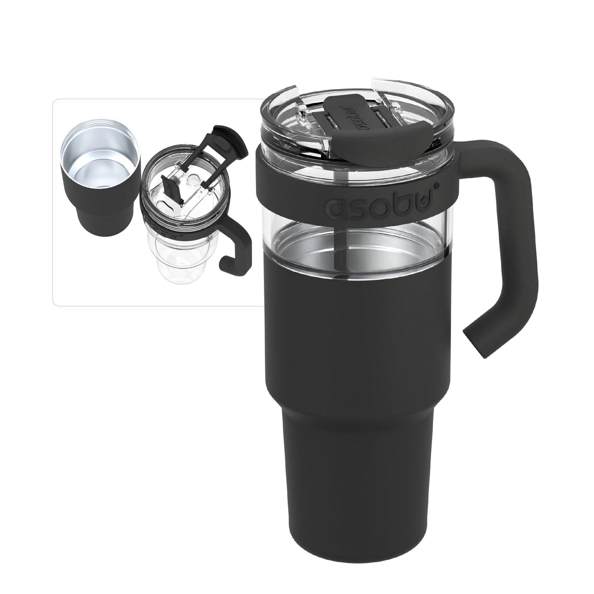 asobu Extra Large Travel Explorer Tumbler for Hot and Cold with Stainless Steel Removable Coffee Mug Sleeve - Straw and Flip Open Sip Spout, 34 oz / 25 oz (Basil Green)