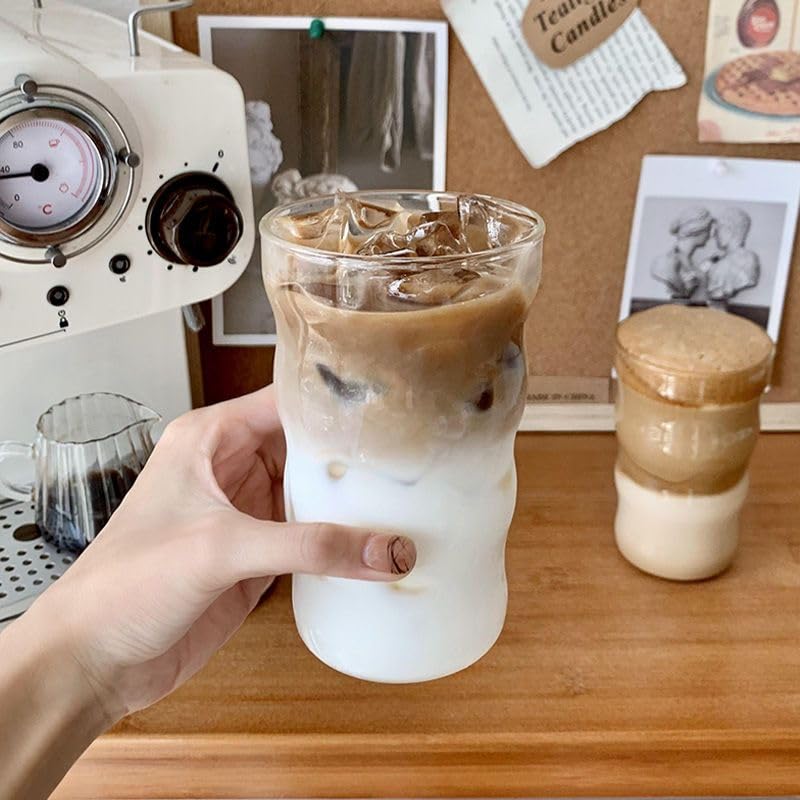 1pcs Vertical Stripe Drinking Glasses CupsGlass Tumbler, Ripple Glassware Coffee Cup, Cute Glass Tumbler for Iced Coffee Juice Drink Milk (yun)