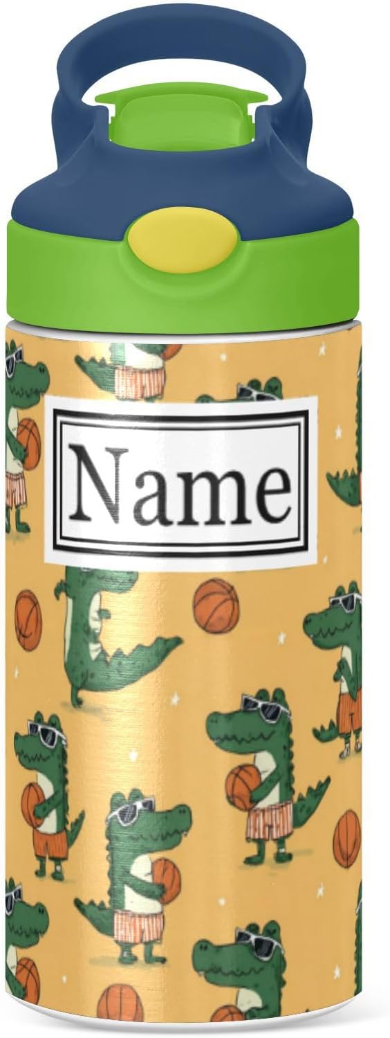 Personalized Name Water Bottles for Kids Cartoon Crocodiles Basketball Custom Toddlers Insulated Stainless Steel with Straw Lid Tumbler Gift for Boys Girls Birthday School