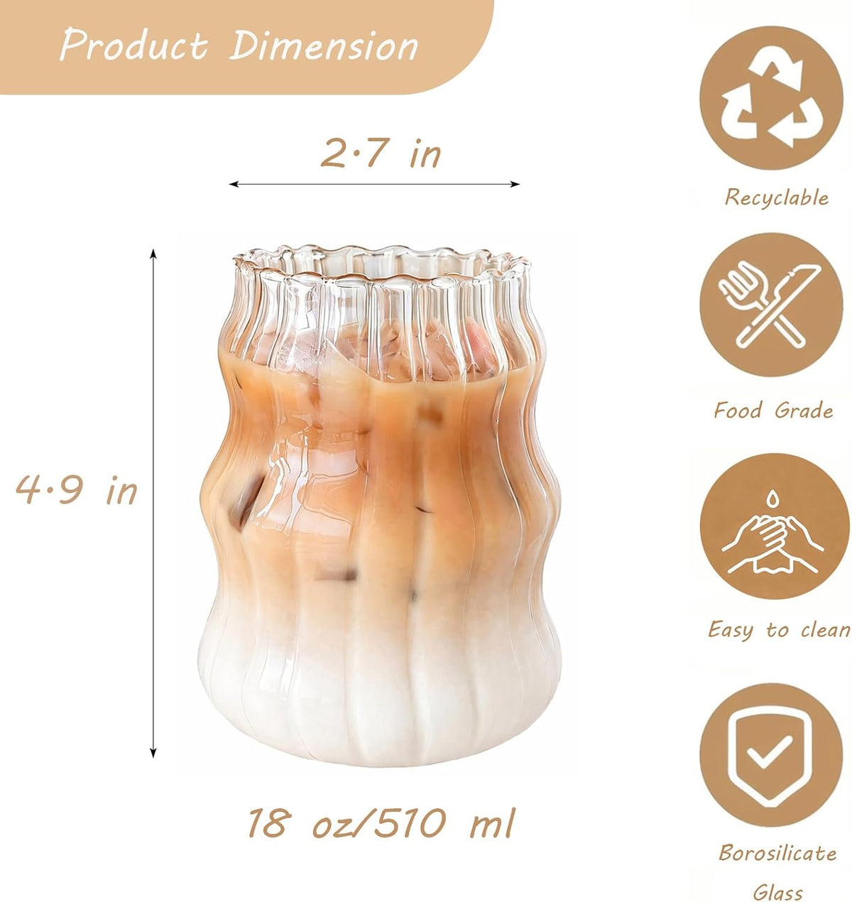2 Pcs Cute Ribbed Glass Cups 18 oz