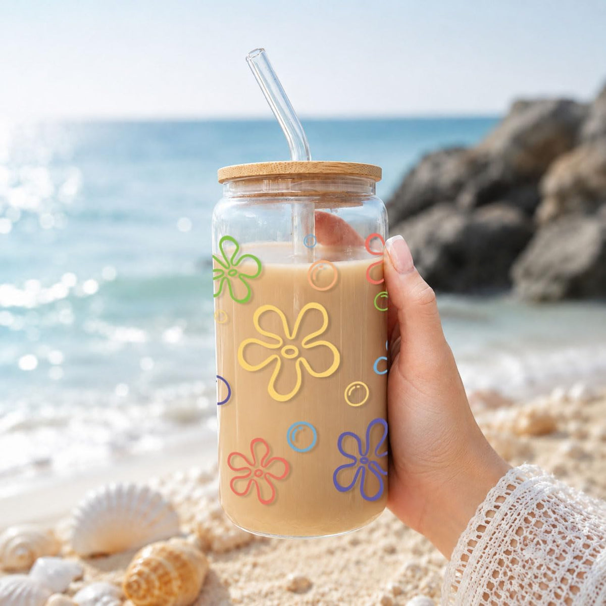 Mikopei Cute Glass Cups with Lids and Straws, Beach Gifts for Women Men