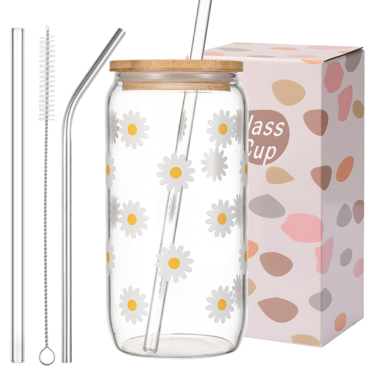 ANABIUP Coquette Cute Pink Bow Glass Cups with Lids and Straws, Aesthetic Iced Coffee Cup, Girly Preppy Design Tumbler Mug for Teen Girls Women Girlfriends Gifts