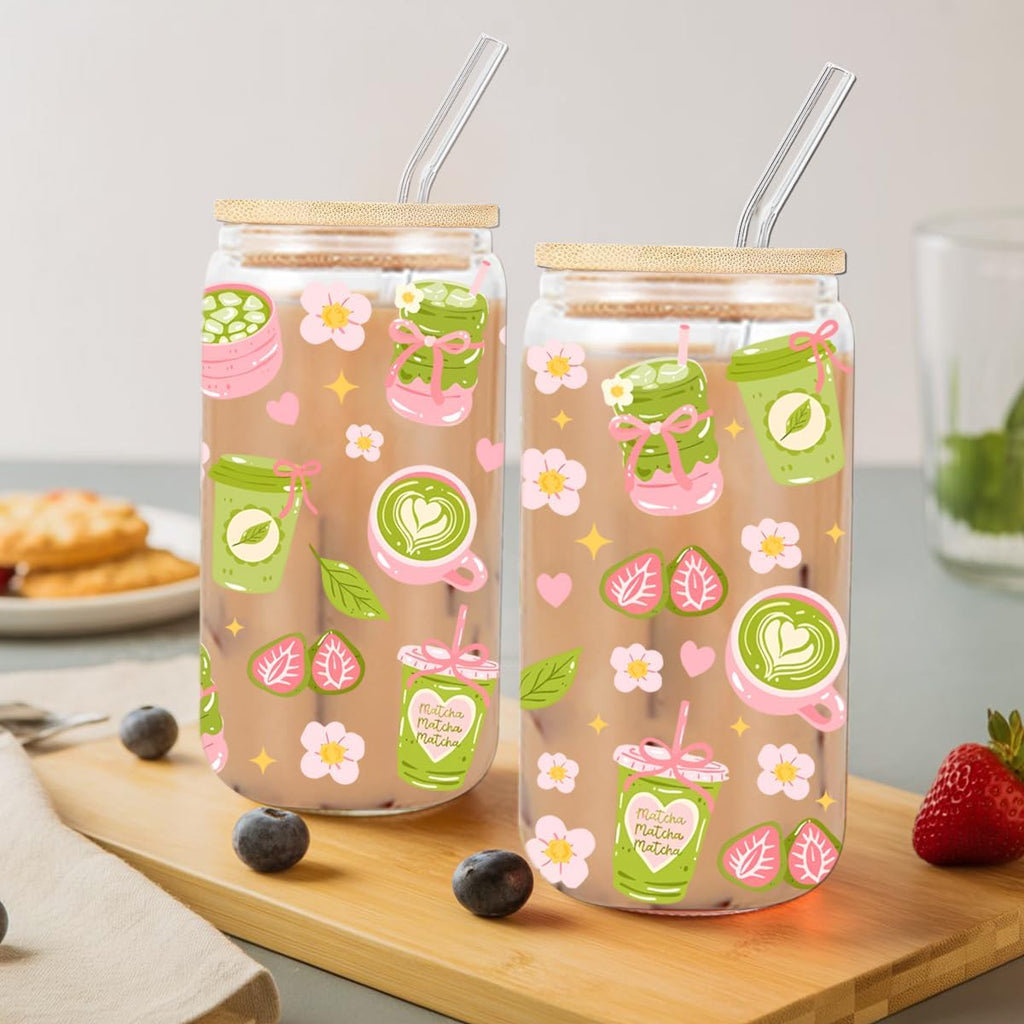 Matcha Girly Glass Cup, Matcha Lovers Gift, Kawaii Glass Tumbler, 16 oz Cafe Aesthetic Iced Coffee Cup with Lid Straw