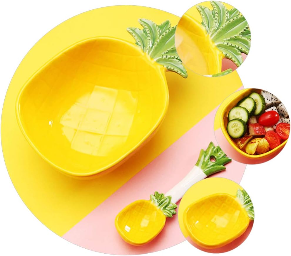Cabilock Pineapple Design Salad Bowl with Spoon Ceramic Kids Rice Bowl Food Serving for Dining Room Kindergarten Picnic 6.69 X 4.33 X 2.36 in